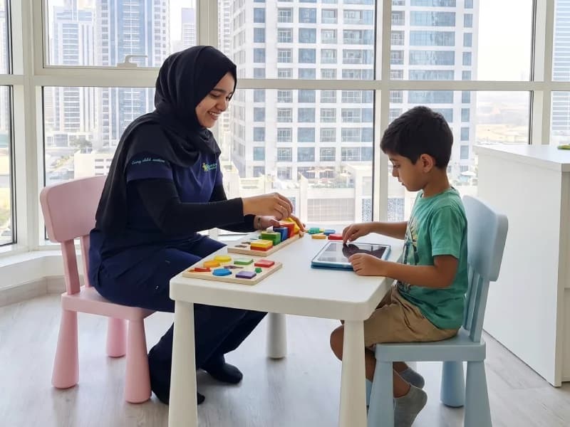 Child and adult collaborating in a learning activity